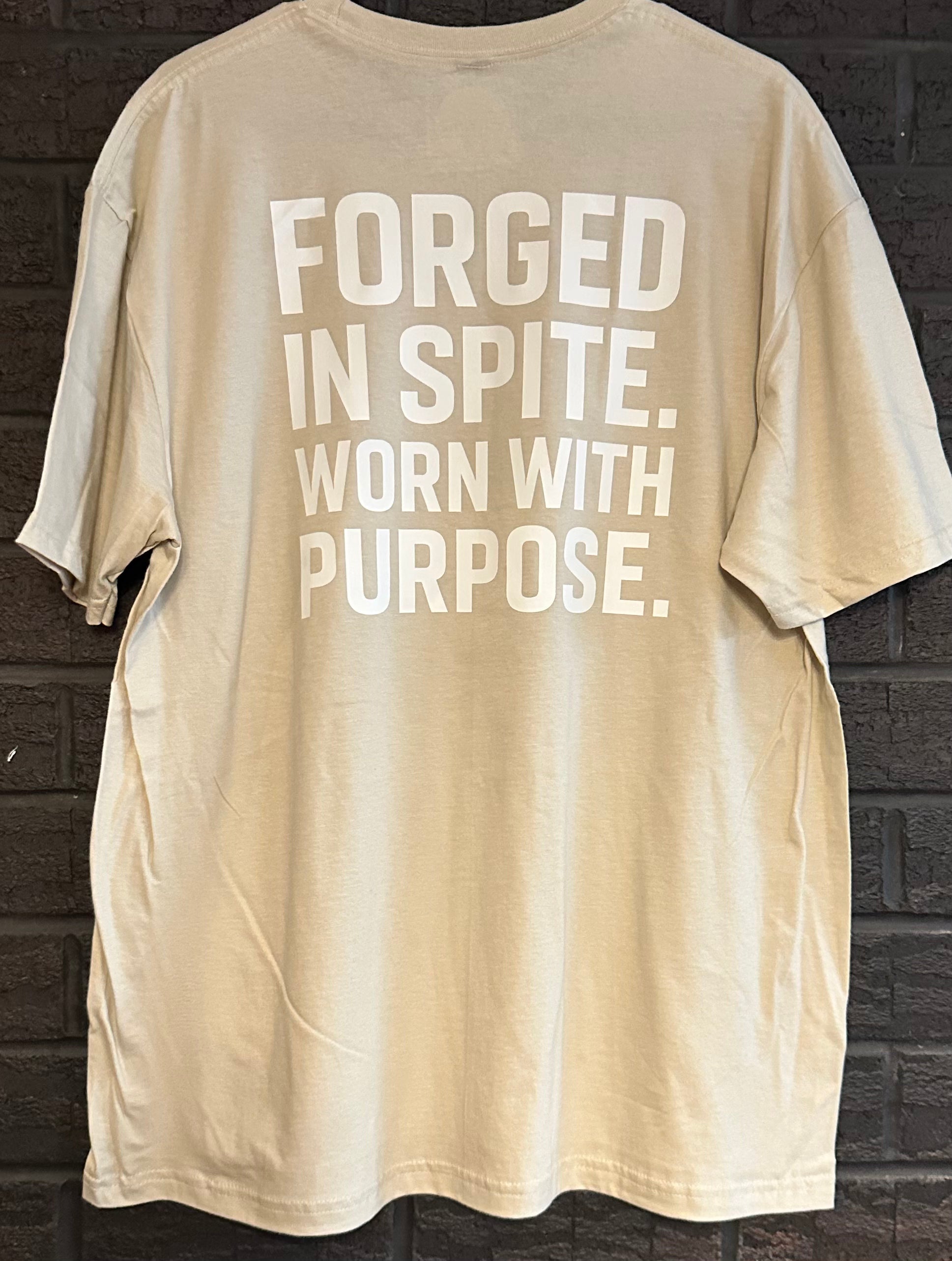 Short sleeve grit works clothing company, forged in spite worn with purpose T-shirt